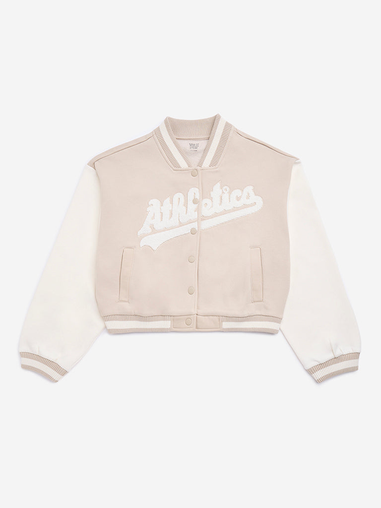 Y&F Kids Beige Text Design Cotton-Blend Varsity Jacket