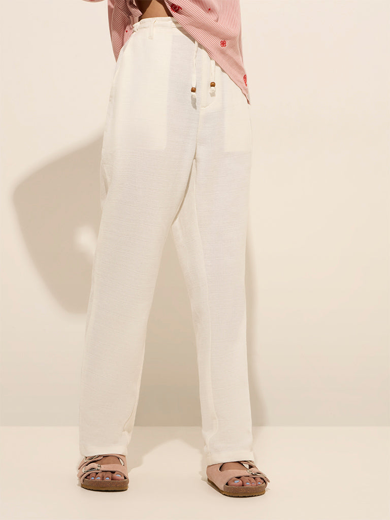 Bombay Paisley White High-Rise Cotton Pants