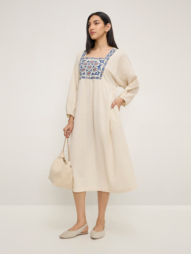 Utsa Off-White Floral Embroidered Cotton Blend A-Line Dress