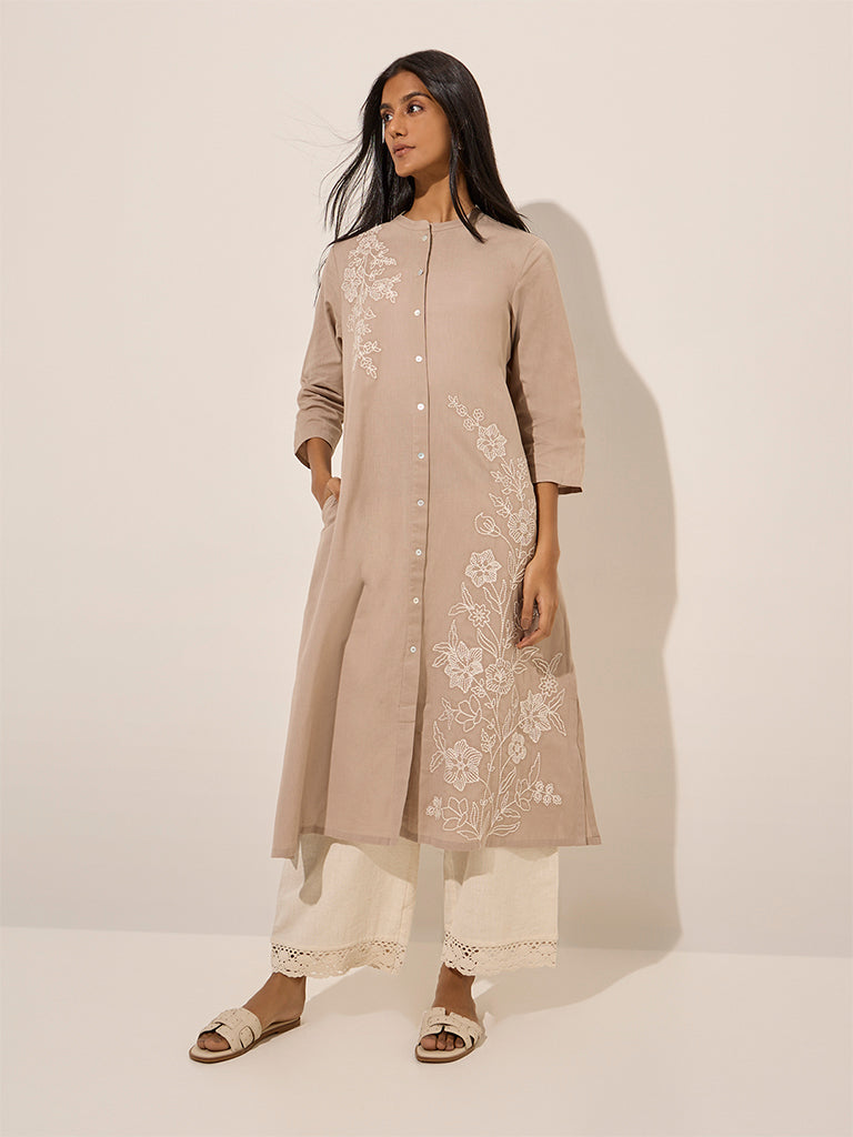 Utsa Beige Floral Embroidered Cotton A-Line Kurta