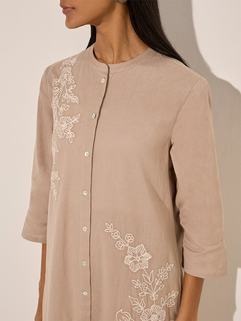 Utsa Beige Floral Embroidered Cotton A-Line Kurta