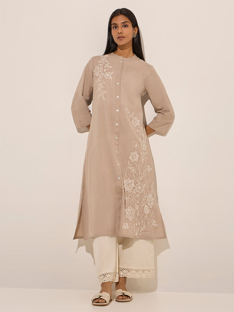 Utsa Beige Floral Embroidered Cotton A-Line Kurta