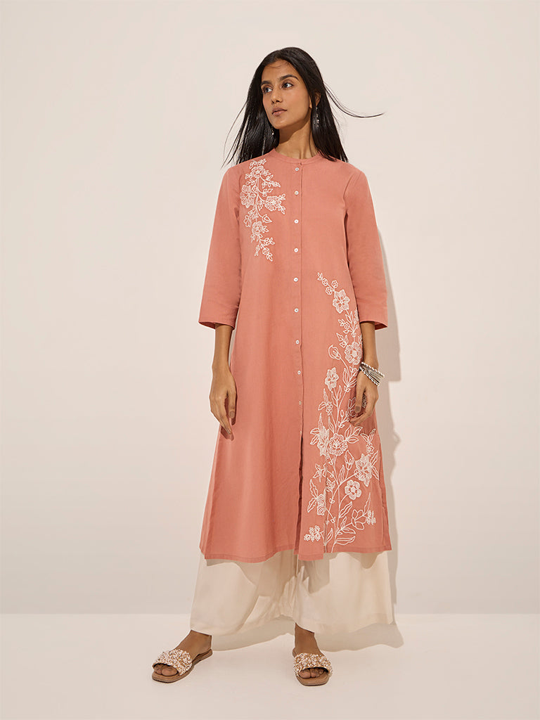 Utsa Peach Floral Embroidered Cotton A-Line Kurta