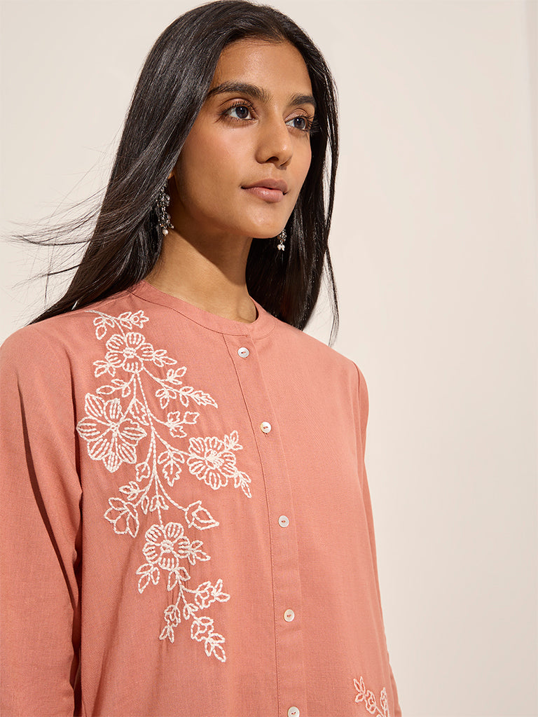 Utsa Peach Floral Embroidered Cotton A-Line Kurta