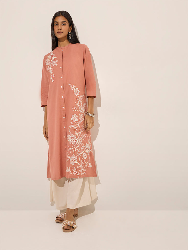 Utsa Peach Floral Embroidered Cotton A-Line Kurta