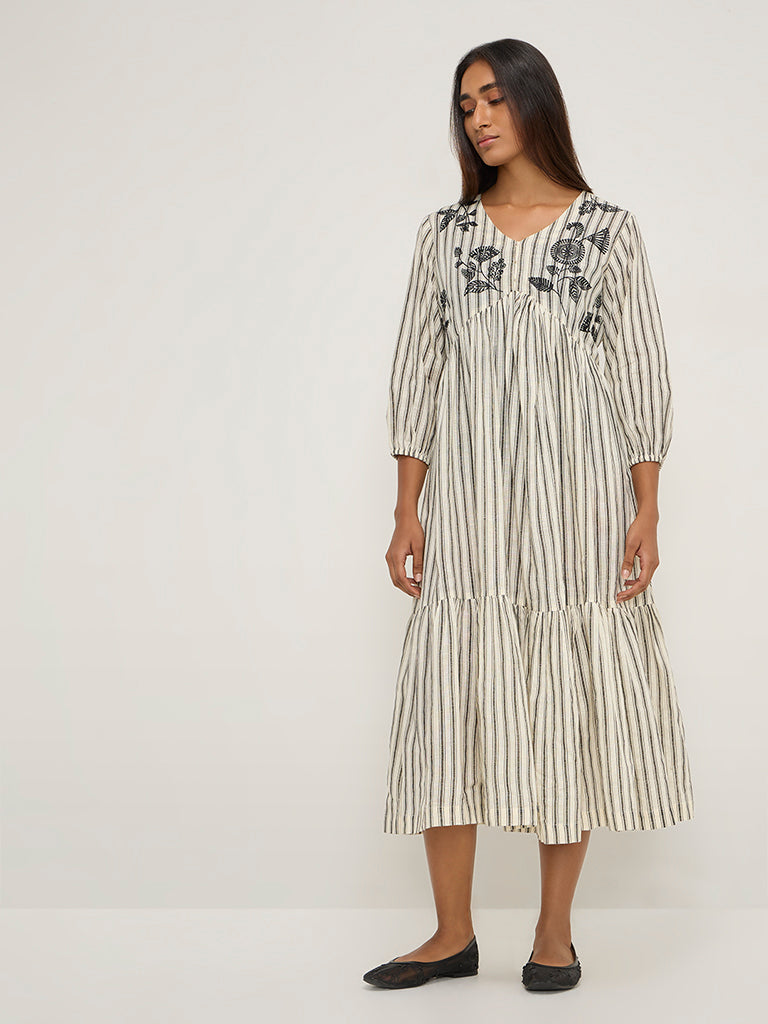 Utsa Off-White Floral Embroidered Cotton Tiered Dress