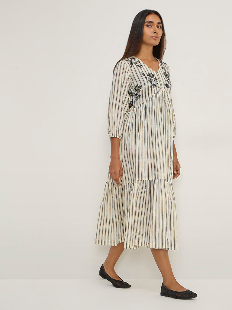 Utsa Off-White Floral Embroidered Cotton Tiered Dress