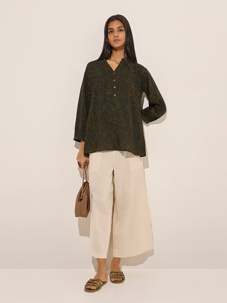 Utsa Dark Green Printed Cotton Straight Kurti