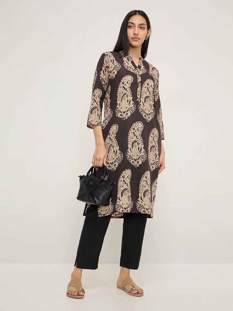 Utsa Dark Brown Paisley Printed Cotton Blend Straight Kurta