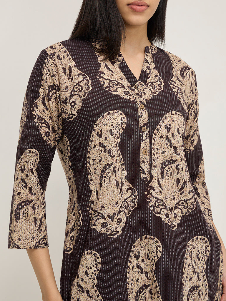 Utsa Dark Brown Paisley Printed Cotton Blend Straight Kurta