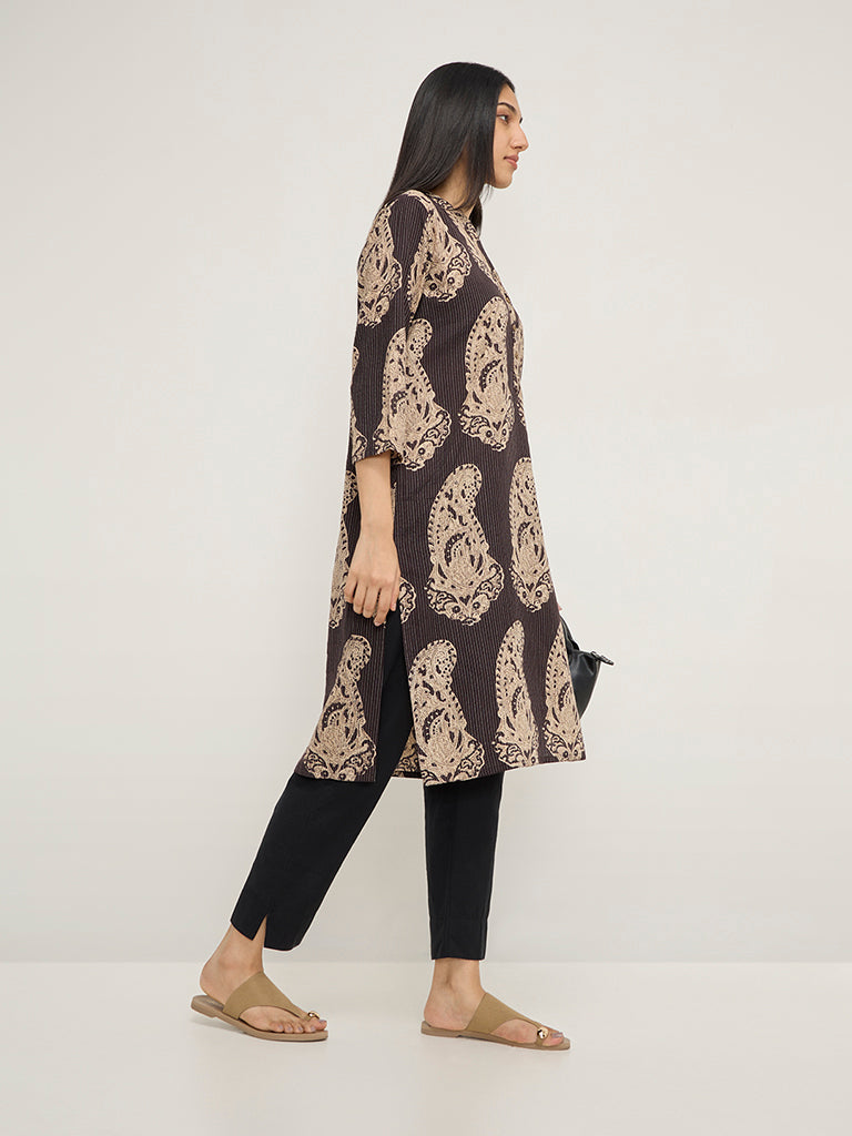 Utsa Dark Brown Paisley Printed Cotton Blend Straight Kurta