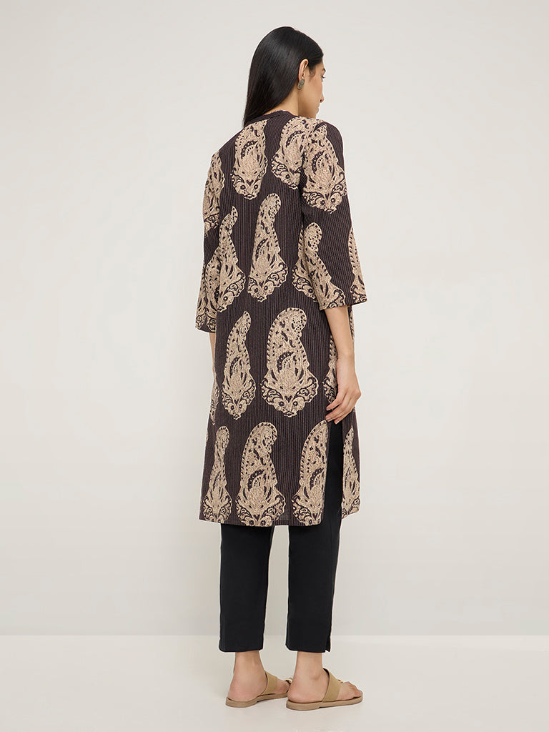 Utsa Dark Brown Paisley Printed Cotton Blend Straight Kurta