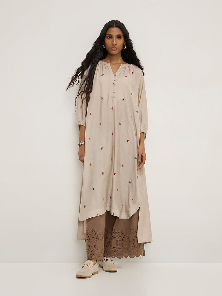 Zuba Beige Embroidered High-Low Kurta