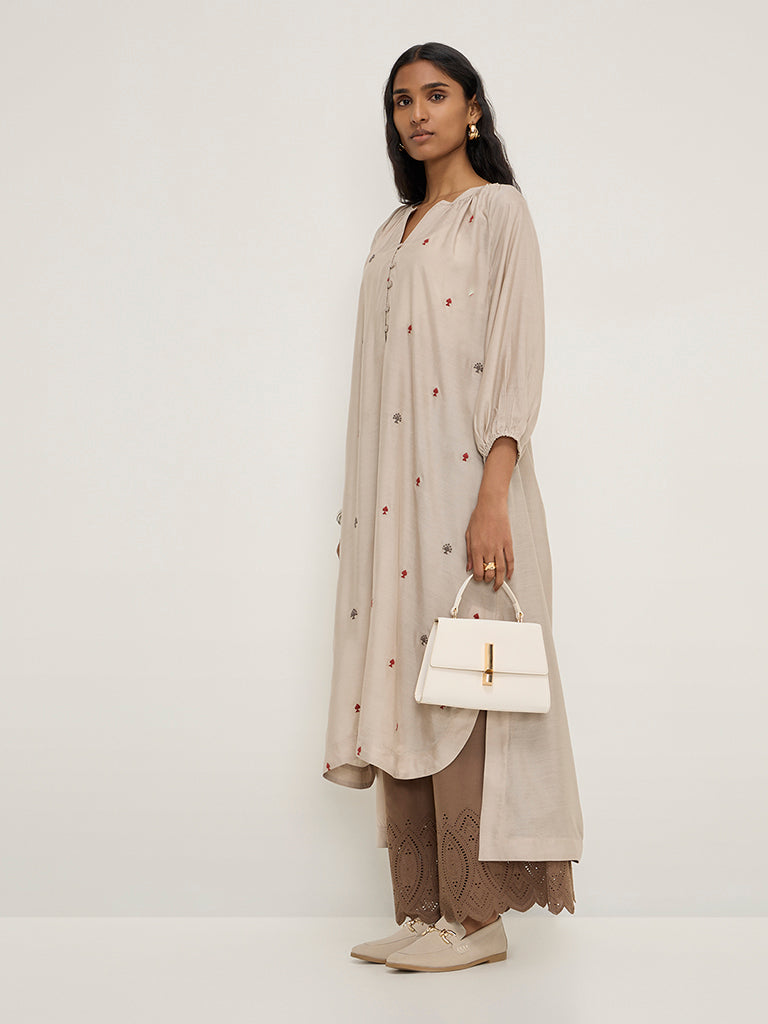 Zuba Beige Embroidered High-Low Kurta