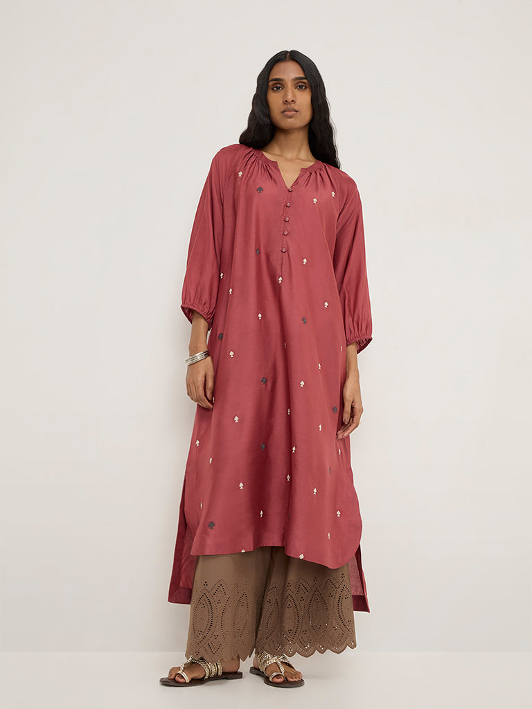 Zuba Maroon Embroidered High-Low Kurta