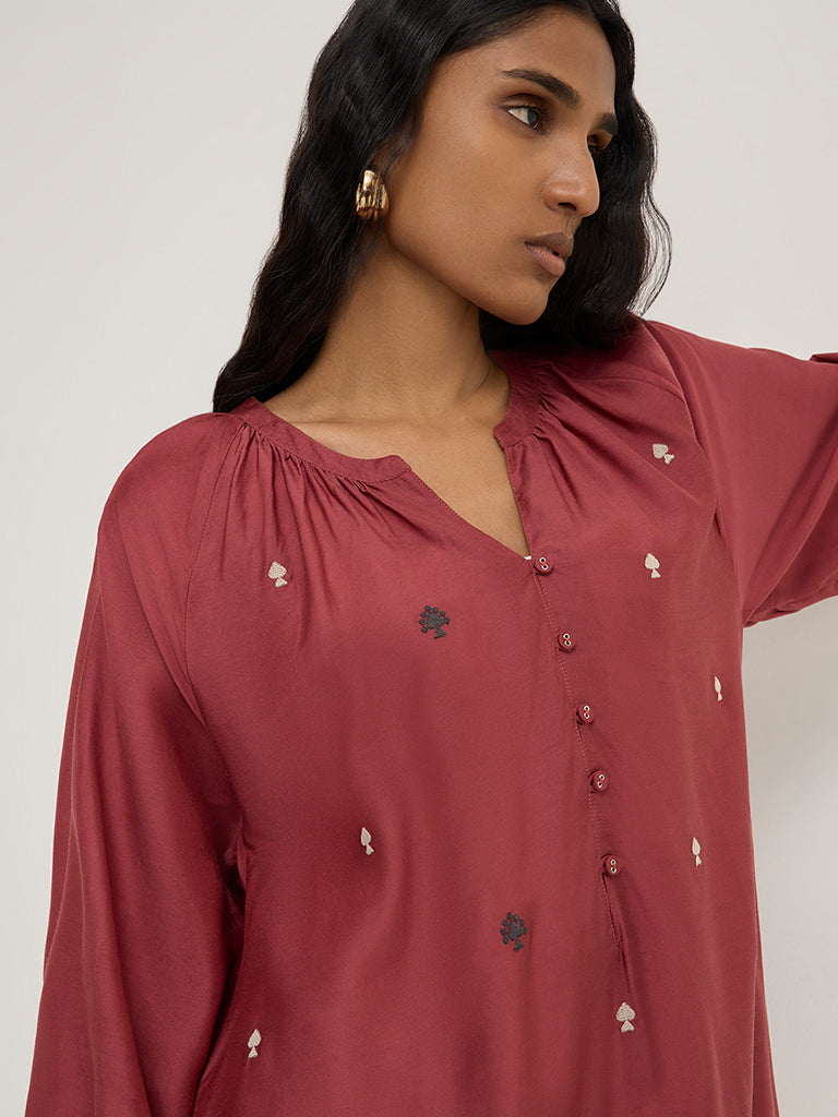 Zuba Maroon Embroidered High-Low Kurta