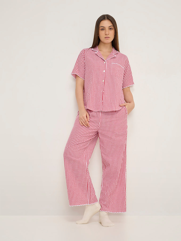 Wunderlove Red Gingham Print Cotton Shirt and Pyjamas Set