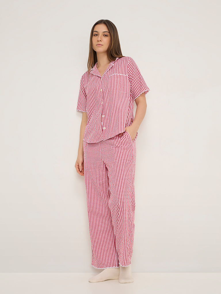 Wunderlove Red Gingham Print Cotton Shirt and Pyjamas Set