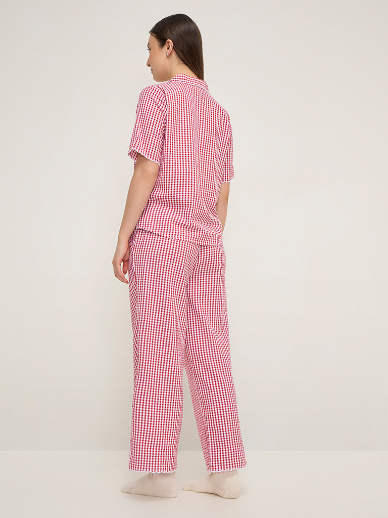 Wunderlove Red Gingham Print Cotton Shirt and Pyjamas Set