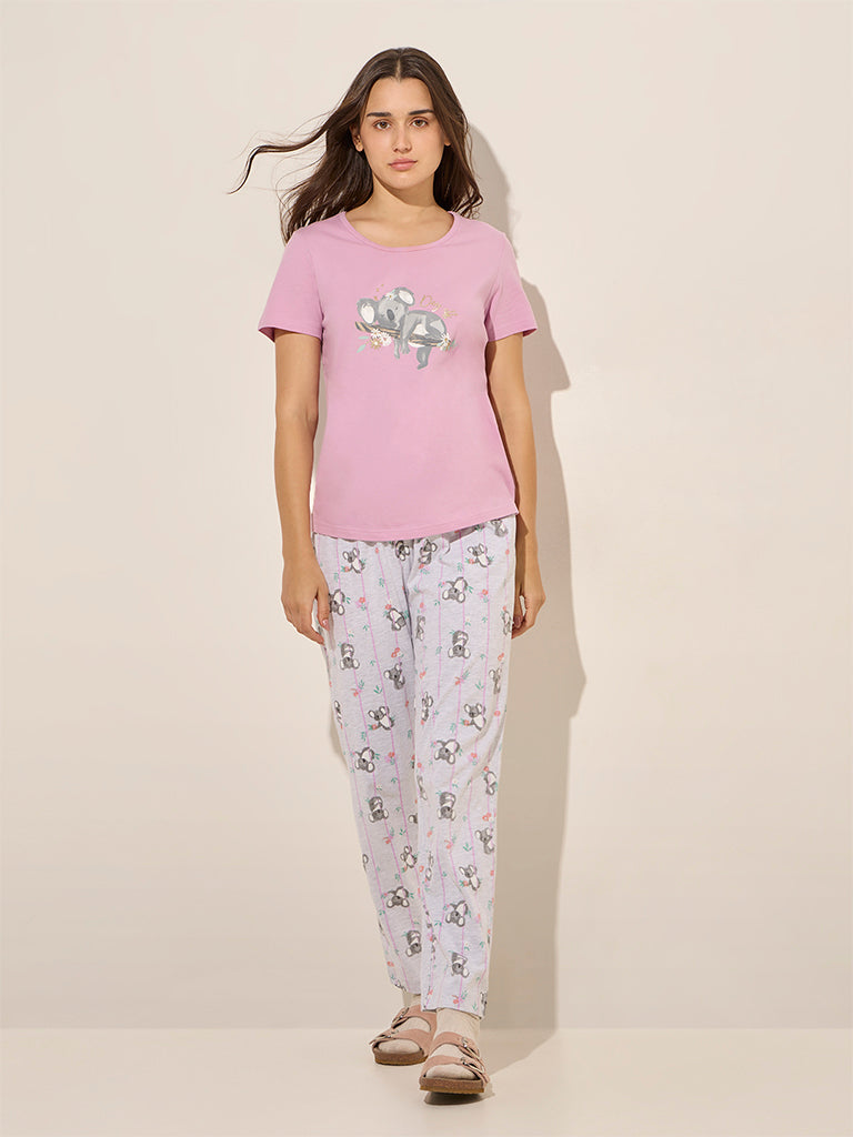 Wunderlove Light Pink Printed Cotton T-Shirt & Pyjamas Set