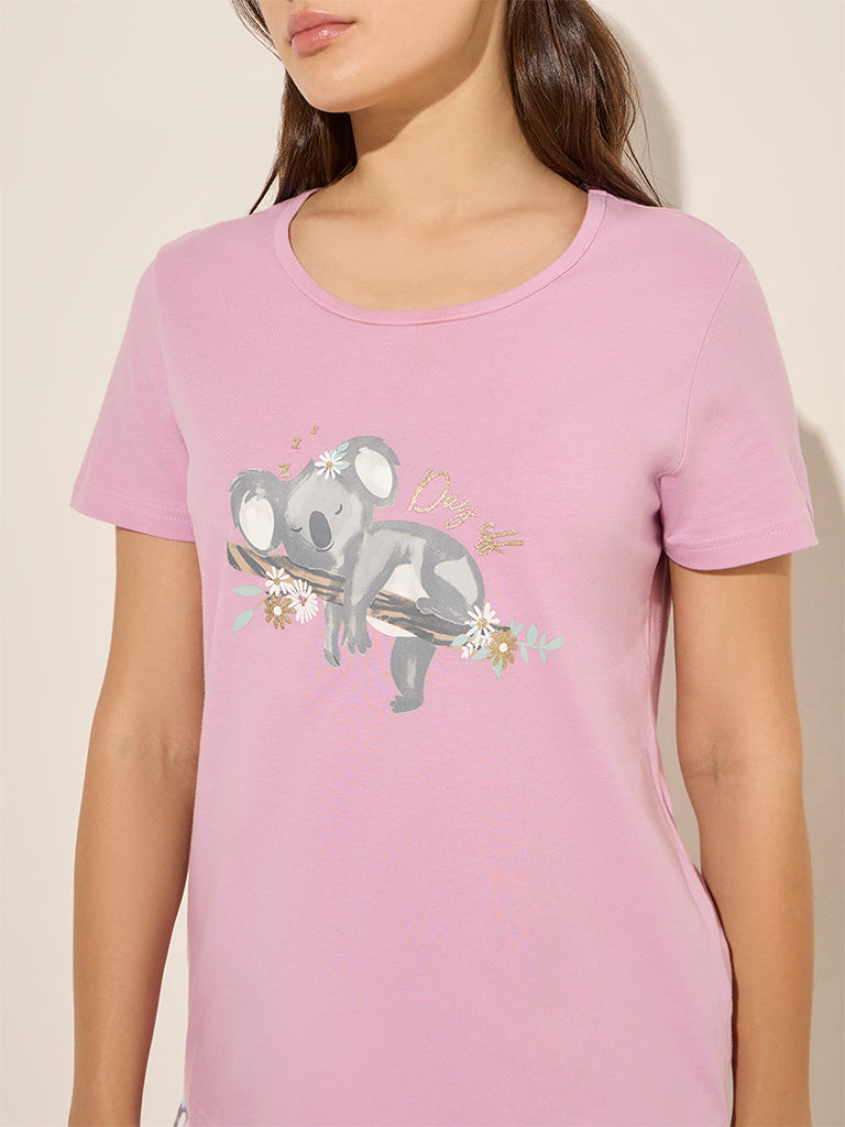 Wunderlove Light Pink Printed Cotton T-Shirt & Pyjamas Set