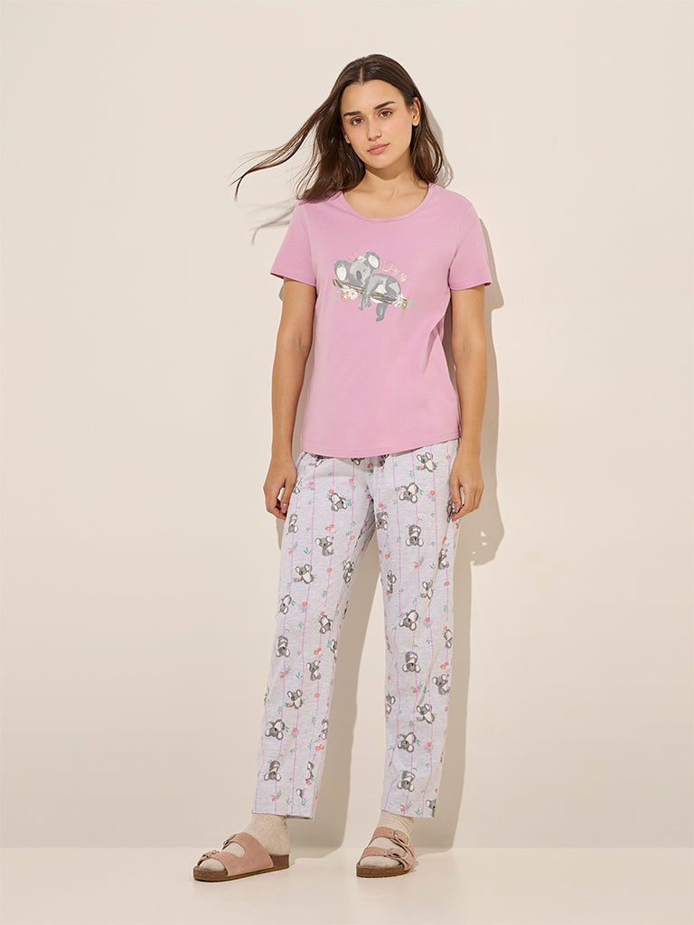 Wunderlove Light Pink Printed Cotton T-Shirt & Pyjamas Set