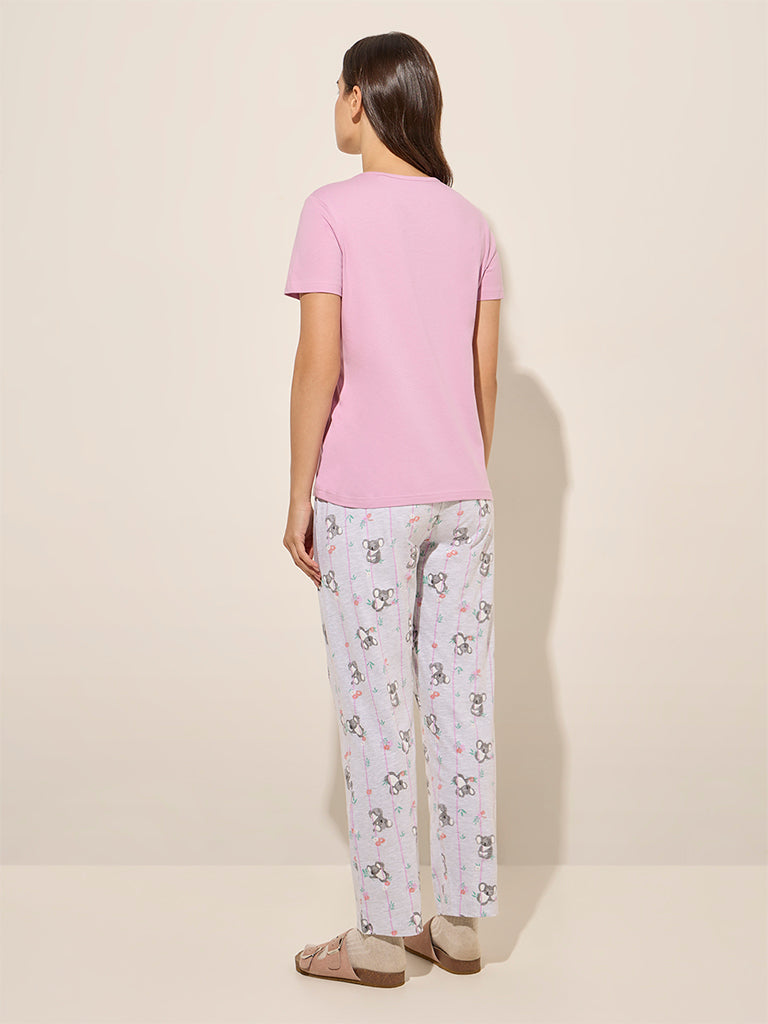 Wunderlove Light Pink Printed Cotton T-Shirt & Pyjamas Set