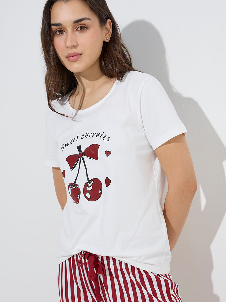 Wunderlove Red Cherry Printed Cotton T-Shirt and Pyjamas Set