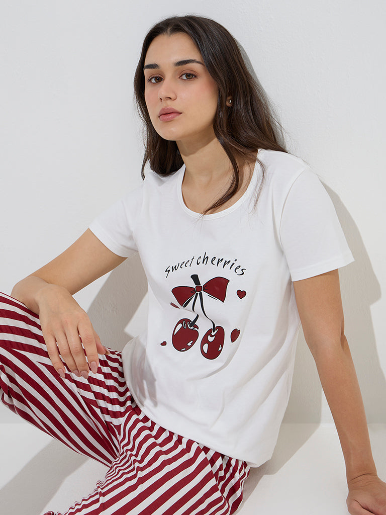 Wunderlove Red Cherry Printed Cotton T-Shirt and Pyjamas Set