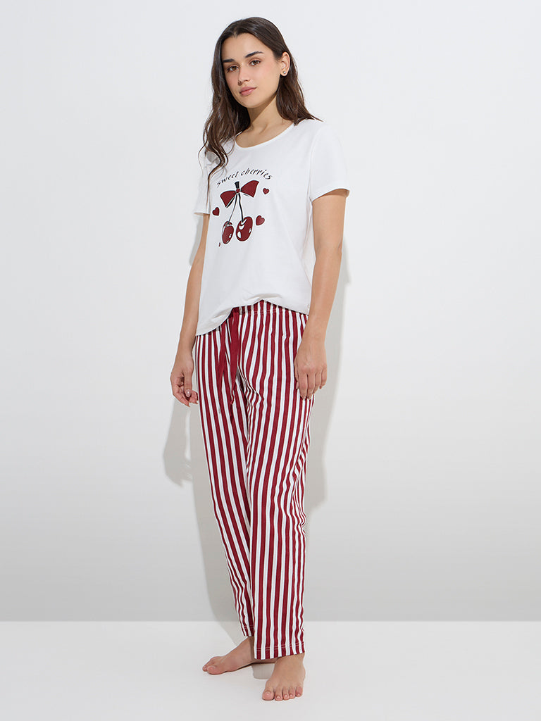 Wunderlove Red Cherry Printed Cotton T-Shirt and Pyjamas Set