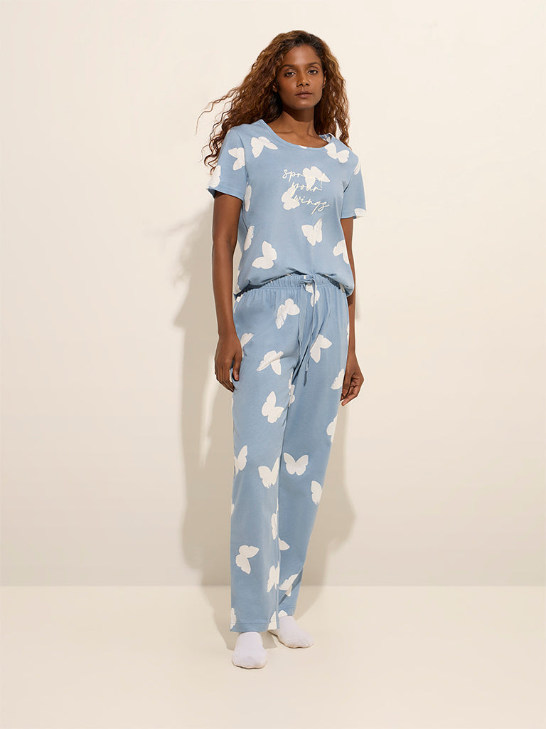 Wunderlove Light Blue Printed Cotton Pyjamas Set In A Bag