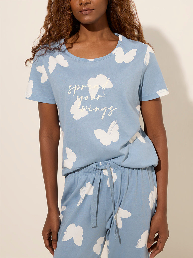 Wunderlove Light Blue Printed Cotton Pyjamas Set In A Bag