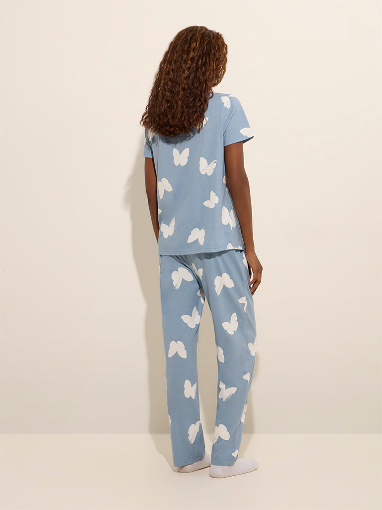 Wunderlove Light Blue Printed Cotton Pyjamas Set In A Bag