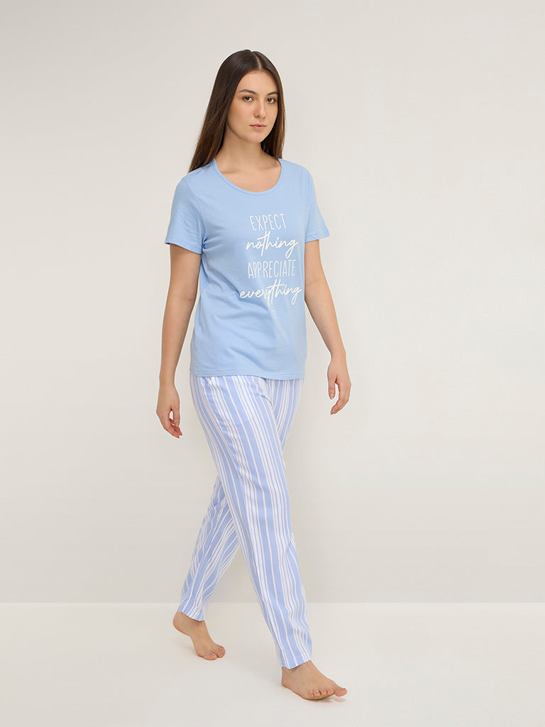 Wunderlove Light Blue Striped High-Rise Lounge Pants