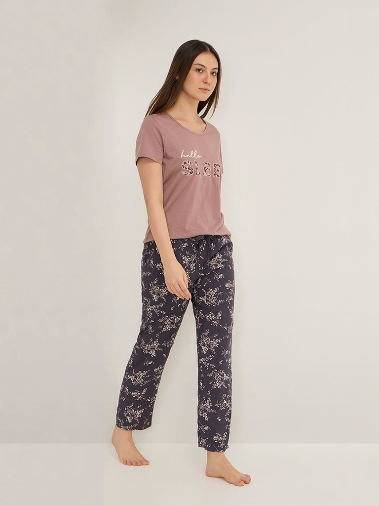 Wunderlove Dark Blue Botanical Print High-Rise Lounge Pants