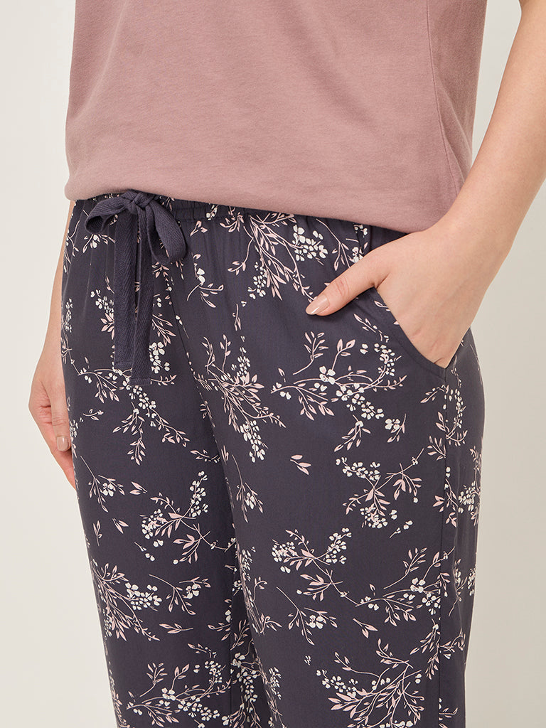 Wunderlove Dark Blue Botanical Print High-Rise Lounge Pants