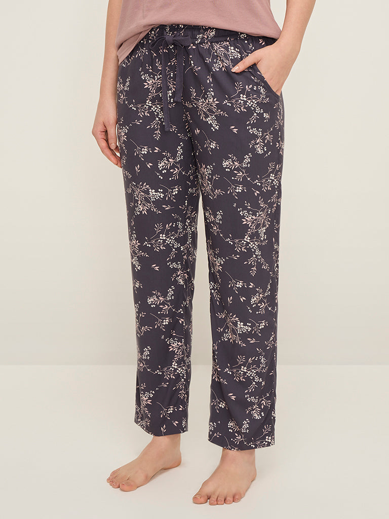 Wunderlove Dark Blue Botanical Print High-Rise Lounge Pants