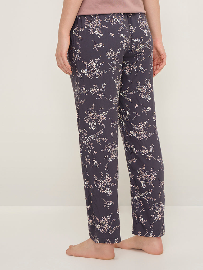 Wunderlove Dark Blue Botanical Print High-Rise Lounge Pants