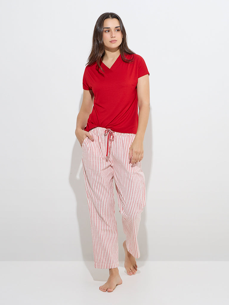 Wunderlove Red Striped High-Rise Cotton Lounge Pants