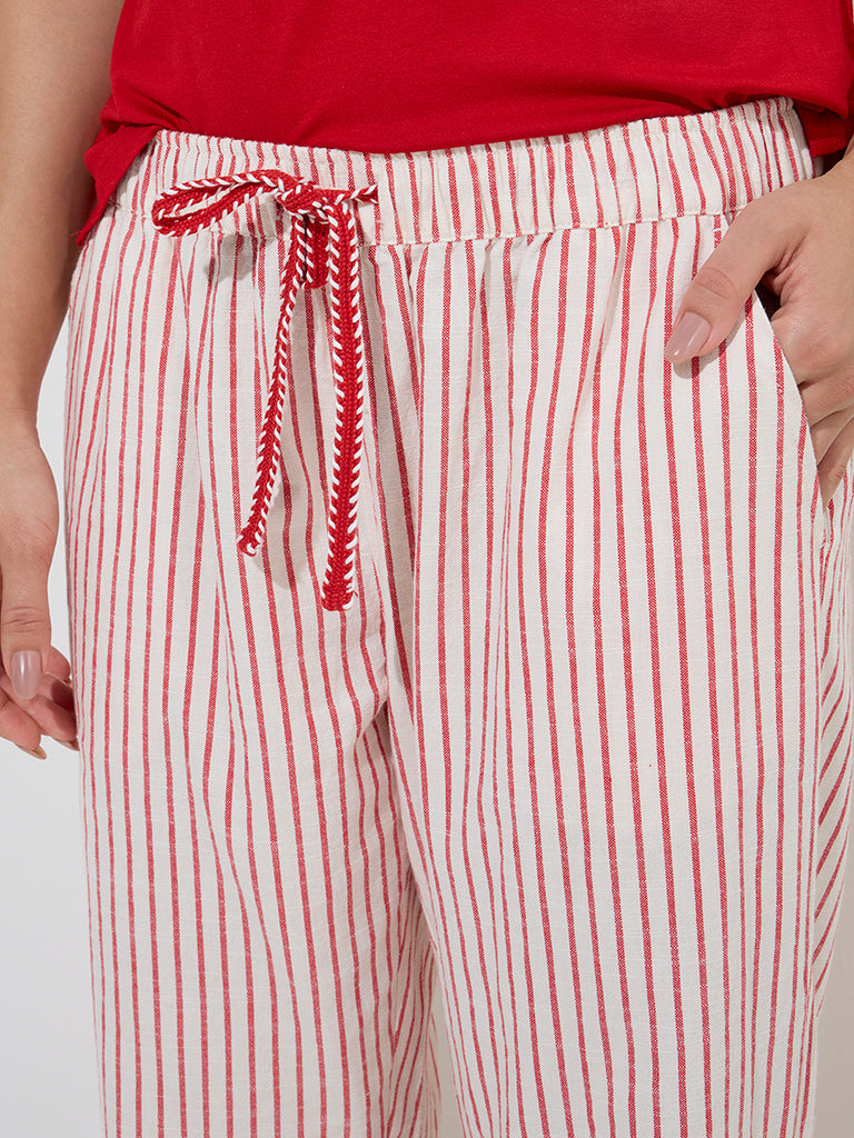 Wunderlove Red Striped High-Rise Cotton Lounge Pants