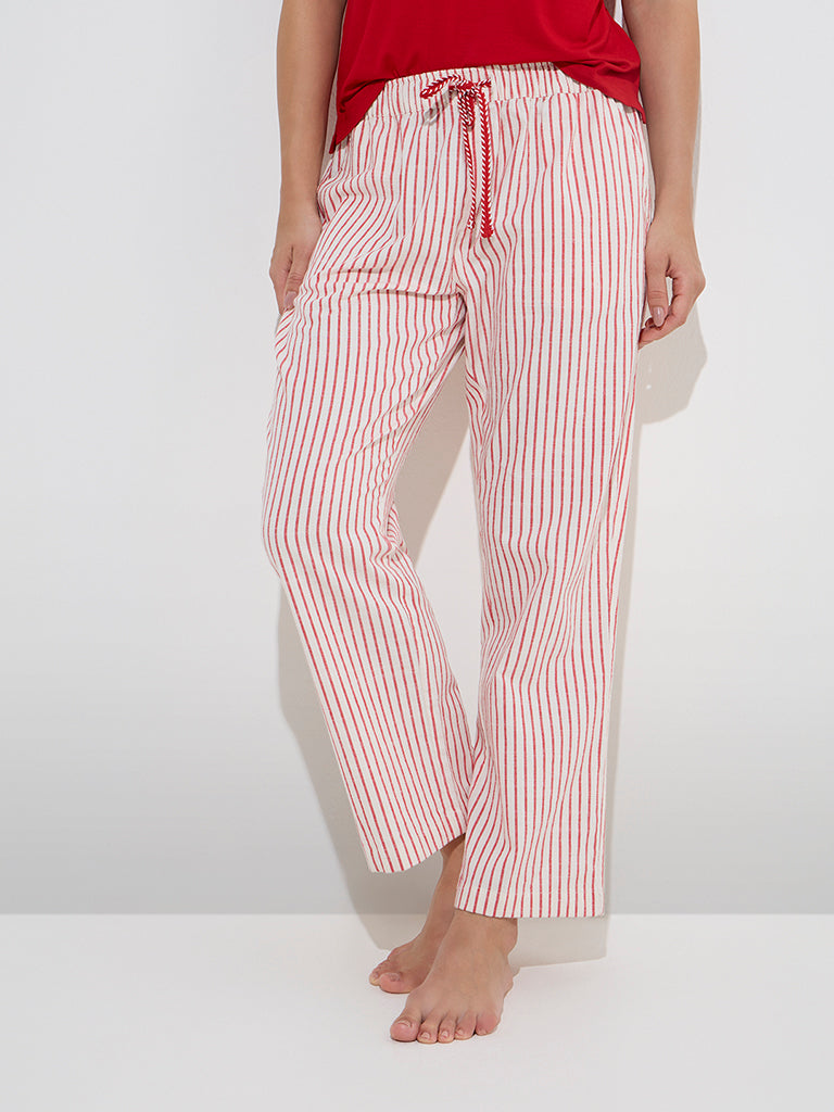 Wunderlove Red Striped High-Rise Cotton Lounge Pants