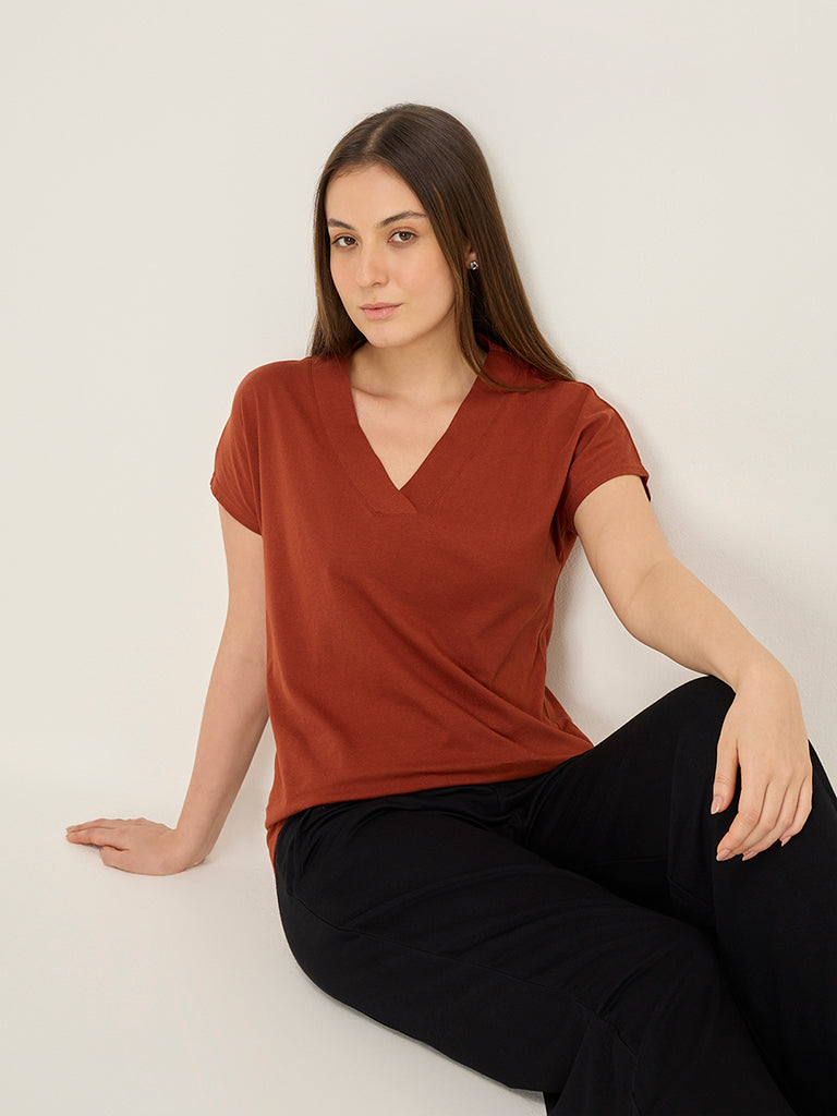 Wunderlove Rust Solid V-Neck Cotton Top