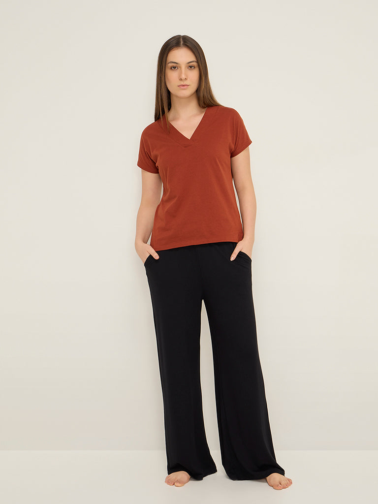 Wunderlove Rust Solid V-Neck Cotton Top