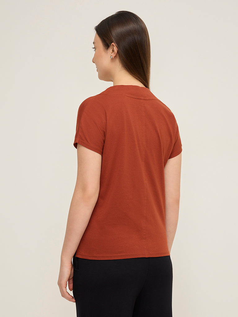 Wunderlove Rust Solid V-Neck Cotton Top