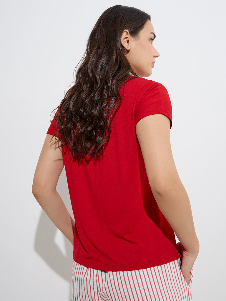 Wunderlove Red Solid Soft Cotton Top