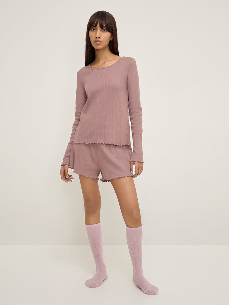 Superstar Mauve Ribbed-Textured Cotton Top