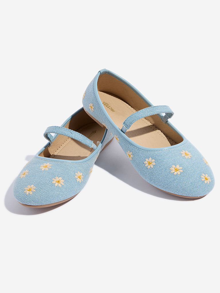 Yellow Blue Floral Embroidered Ballerina