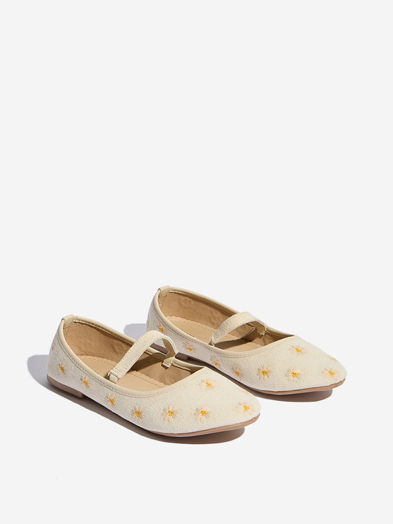 Yellow Beige Floral Embroidered Mary Jane Shoes