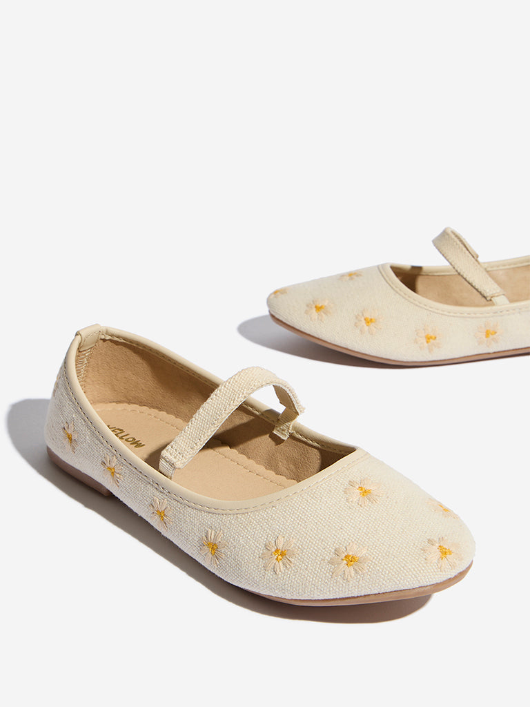 Yellow Beige Floral Embroidered Mary Jane Shoes