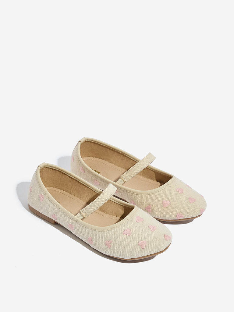 Yellow Off-White Hearts Embroidered Mary Jane Shoes